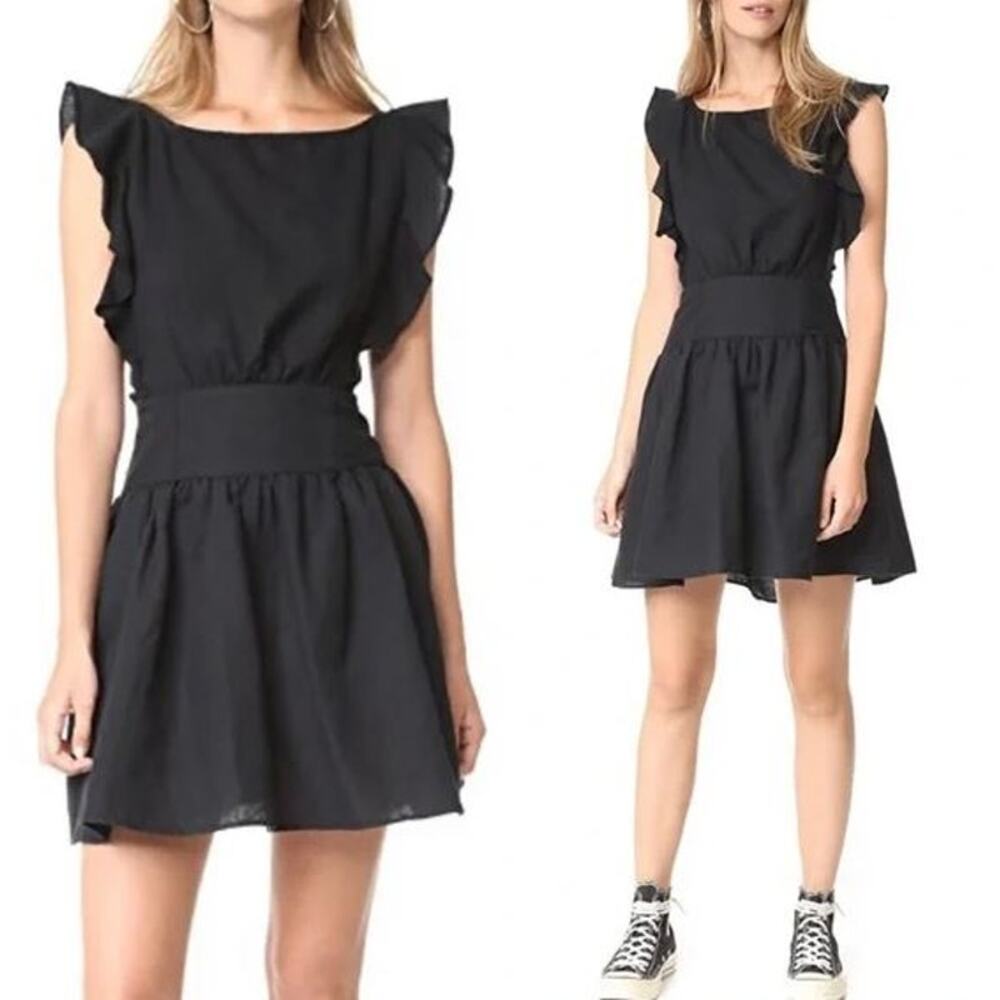 Free People Ruffle Trim Cut Out Erin Mini Dress Black Linen Womens Size XS NWT - Picture 1 of 10